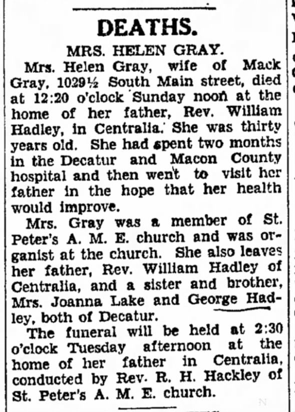 Helen Gray obit (daughter of William Hadley)